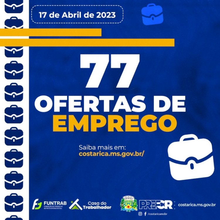 Semana começa com 77 vagas de emprego na Casa do Trabalhador de Costa Rica