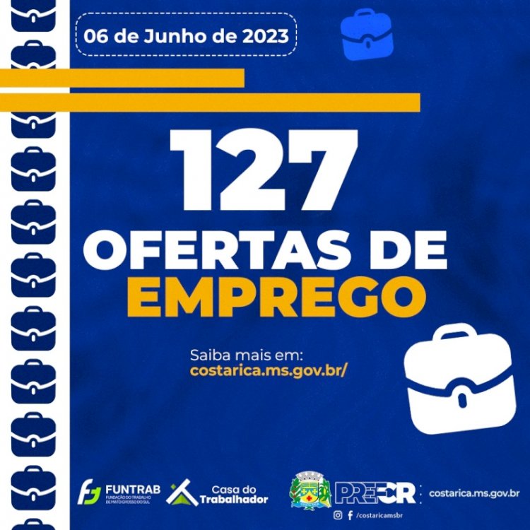 Casa do Trabalhador de Costa Rica tem 127 vagas de emprego nesta terça-feira